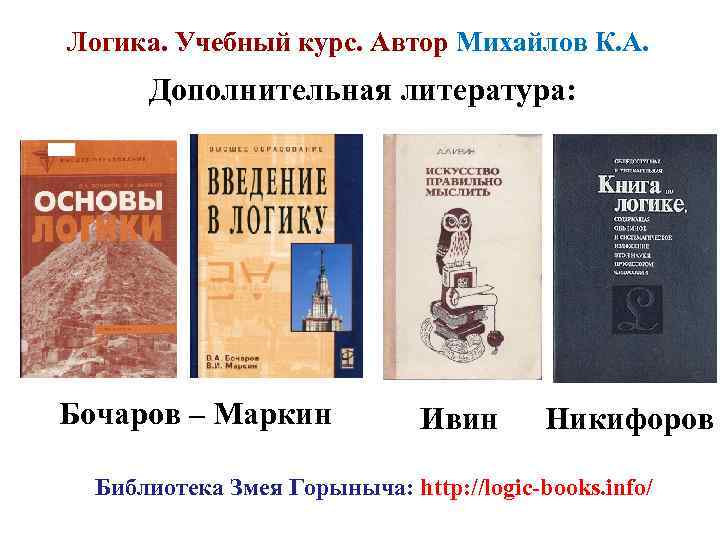 Логика. Учебный курс. Автор Михайлов К. А. Дополнительная литература: Бочаров – Маркин Ивин Никифоров