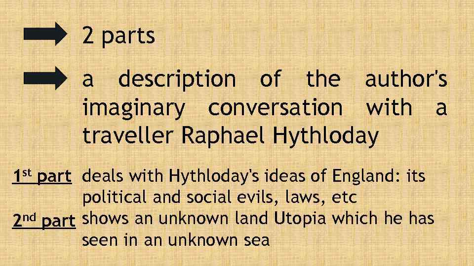 2 parts a description of the author's imaginary conversation with a traveller Raphael Hythloday