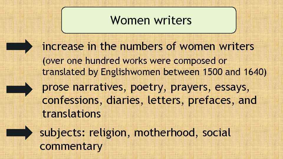 Women writers increase in the numbers of women writers (over one hundred works were