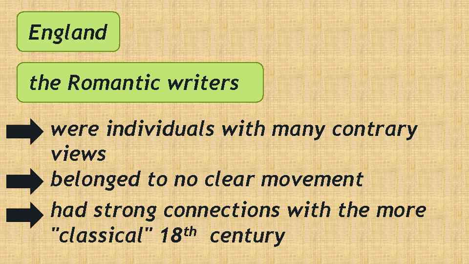 England the Romantic writers - were individuals with many contrary views - belonged to
