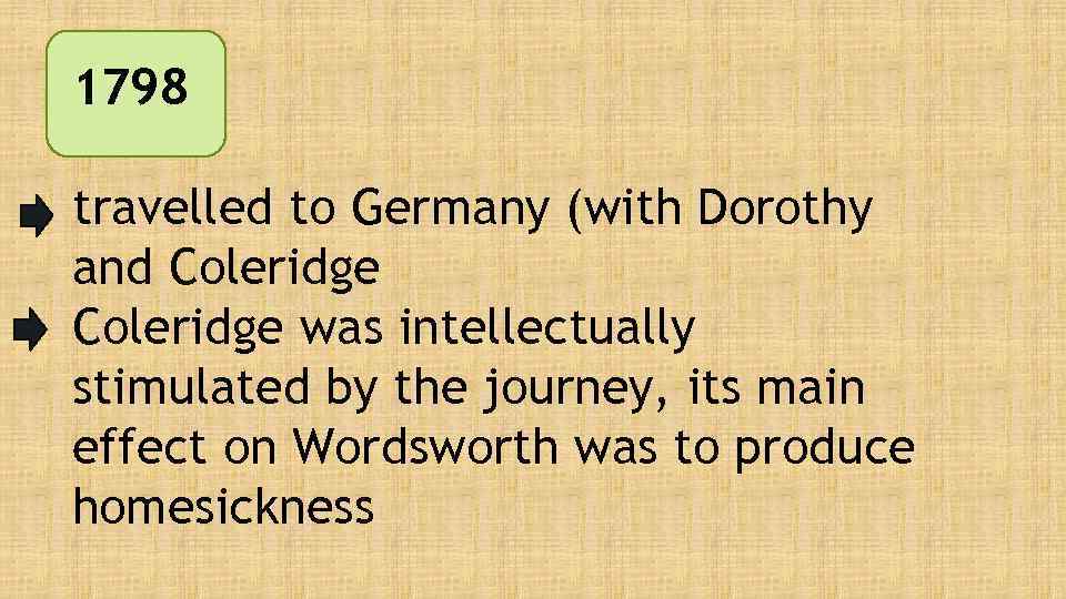 1798 travelled to Germany (with Dorothy and Coleridge was intellectually stimulated by the journey,