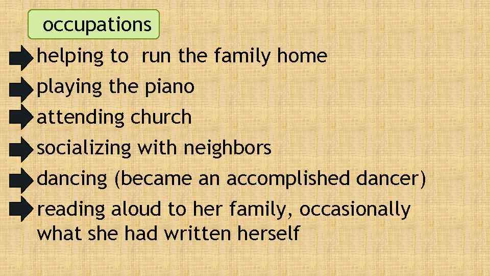 occupations helping to run the family home playing the piano attending church socializing with