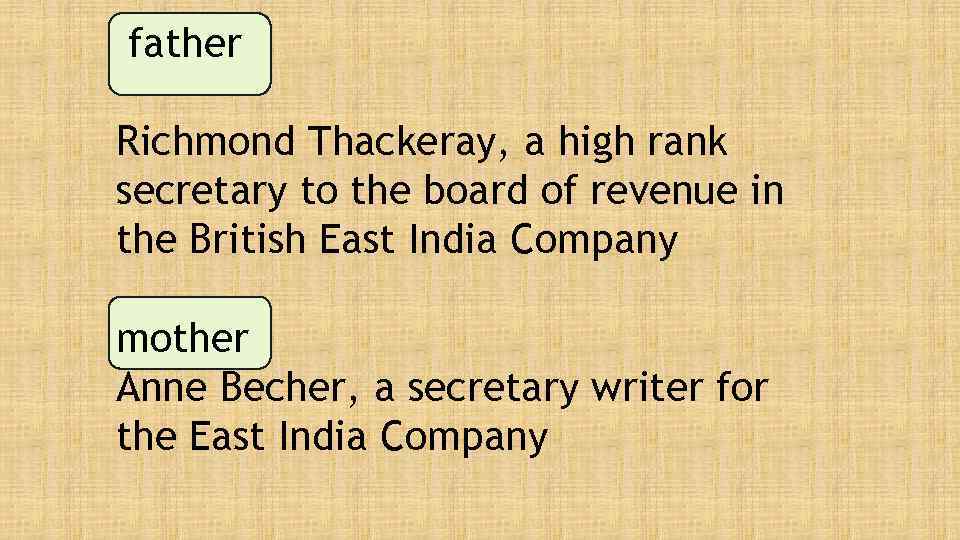 father Richmond Thackeray, a high rank secretary to the board of revenue in the