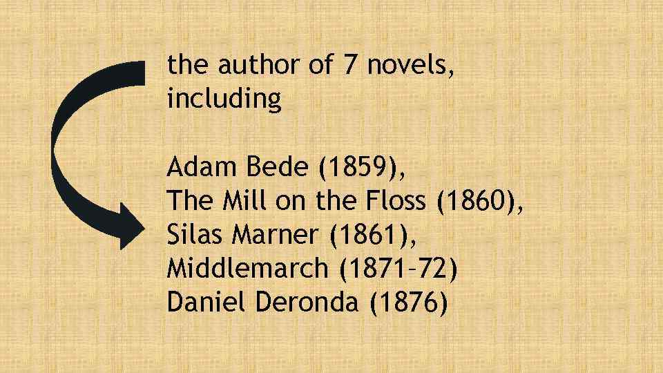 the author of 7 novels, including Adam Bede (1859), The Mill on the Floss