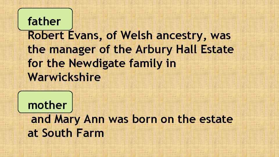 father Robert Evans, of Welsh ancestry, was the manager of the Arbury Hall Estate