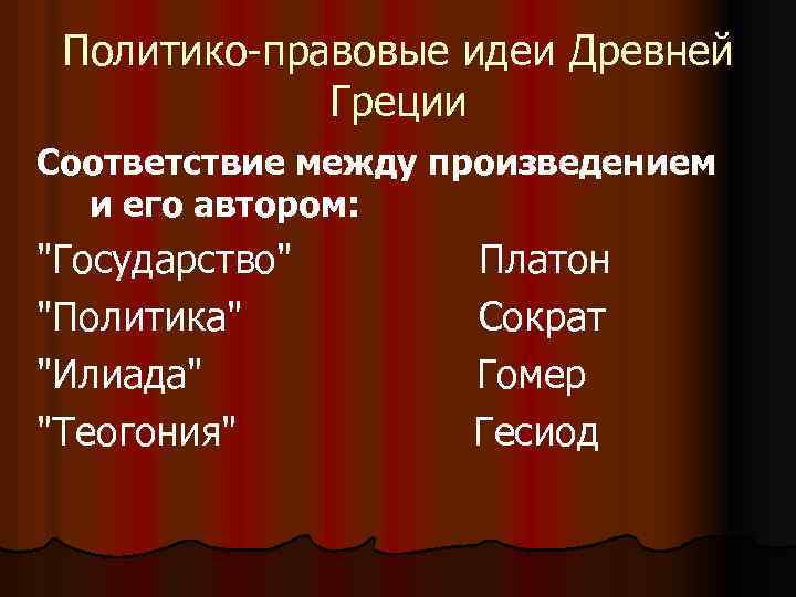 Политико-правовые идеи Древней Греции Соответствие между произведением и его автором: 