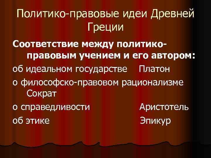 Политико-правовые идеи Древней Греции Соответствие между политикоправовым учением и его автором: об идеальном государстве