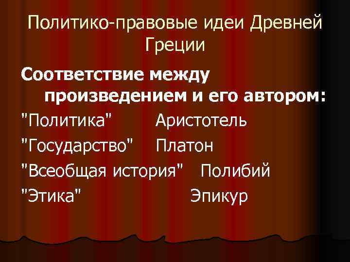 Политико-правовые идеи Древней Греции Соответствие между произведением и его автором: 