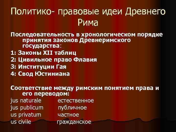 Политико- правовые идеи Древнего Рима Последовательность в хронологическом порядке принятия законов Древнеримского государства: 1: