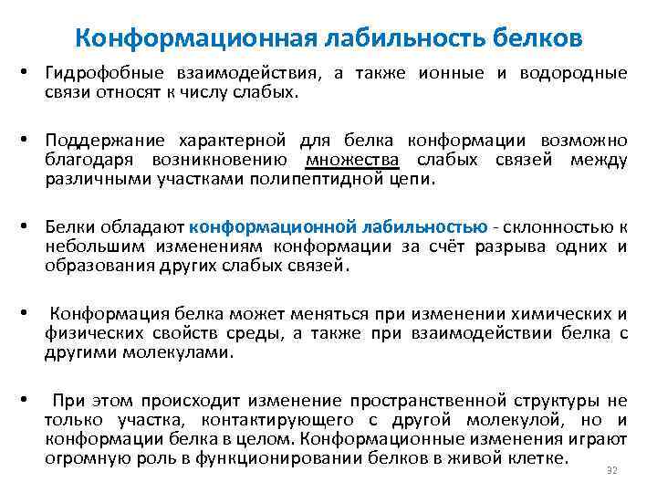 Конформационная лабильность белков • Гидрофобные взаимодействия, а также ионные и водородные связи относят к