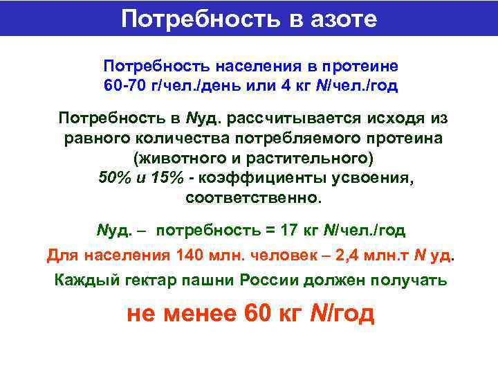 Потребность в азоте Потребность населения в протеине 60 -70 г/чел. /день или 4 кг