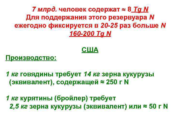 7 млрд. человек содержат 8 Tg N Для поддержания этого резервуара N ежегодно фиксируется