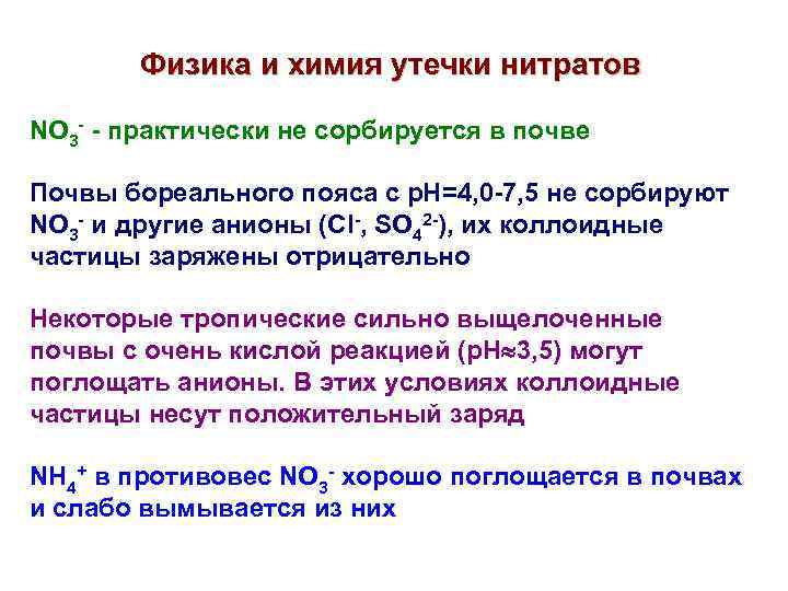 Физика и химия утечки нитратов NO 3 - - практически не сорбируется в почве