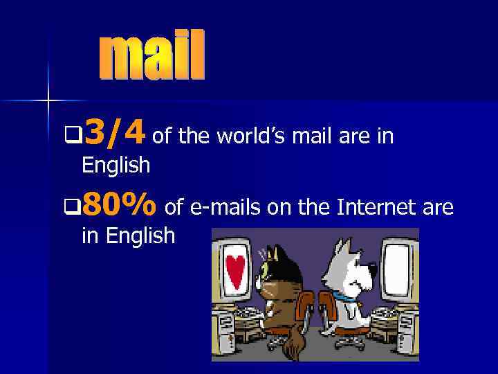 q 3/4 of the world’s mail are in English q 80% of e-mails on