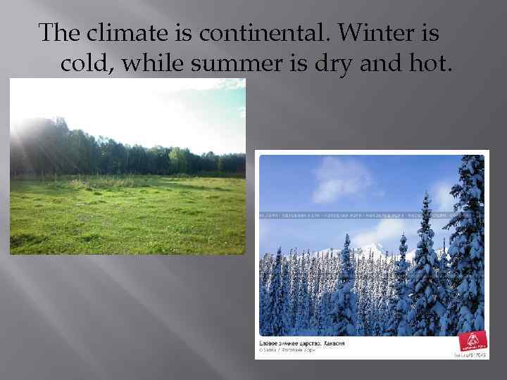 The climate is continental. Winter is cold, while summer is dry and hot. 
