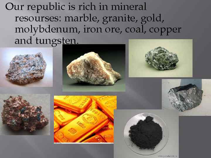 Our republic is rich in mineral resourses: marble, granite, gold, molybdenum, iron ore, coal,