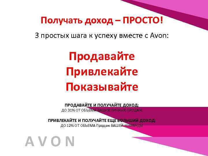 Получать доход – ПРОСТО! 3 простых шага к успеху вместе с Avon: Продавайте Привлекайте
