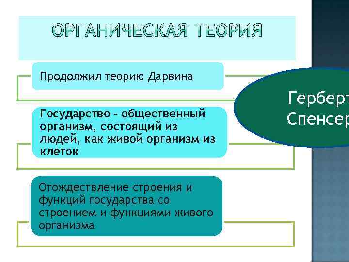 Продолжил теорию Дарвина Государство – общественный организм, состоящий из людей, как живой организм из