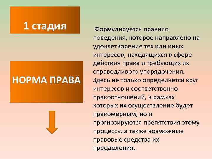 1 стадия НОРМА ПРАВА Формулируется правило поведения, которое направлено на удовлетворение тех или иных