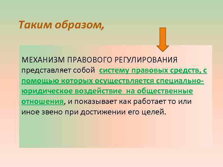 Таким образом, МЕХАНИЗМ ПРАВОВОГО РЕГУЛИРОВАНИЯ представляет собой систему правовых средств, с помощью которых осуществляется