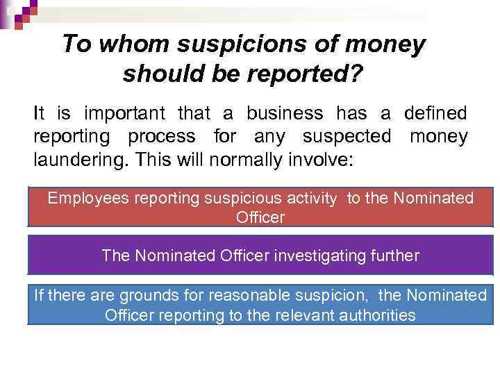 To whom suspicions of money should be reported? It is important that a business