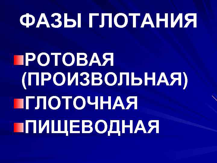 ФАЗЫ ГЛОТАНИЯ РОТОВАЯ (ПРОИЗВОЛЬНАЯ) ГЛОТОЧНАЯ ПИЩЕВОДНАЯ 