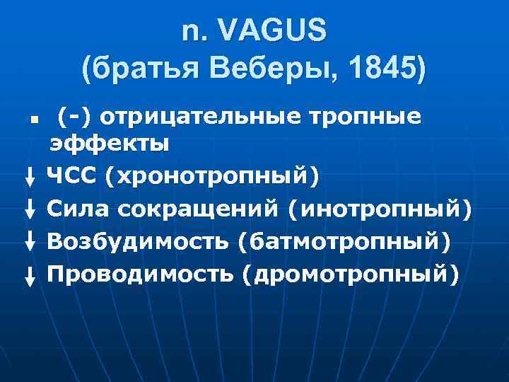 n. VAGUS (братья Веберы, 1845) n (-) отрицательные тропные эффекты ЧСС (хронотропный) Сила сокращений