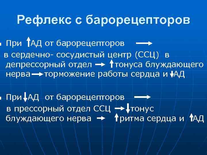 n n Рефлекс с барорецепторов При АД от барорецепторов в сердечно- сосудистый центр (ССЦ)