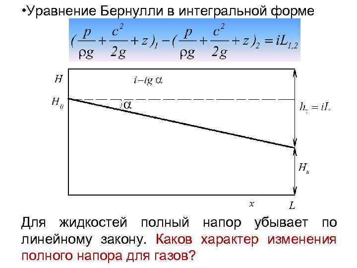  • Уравнение Бернулли в интегральной форме Для жидкостей полный напор убывает по линейному