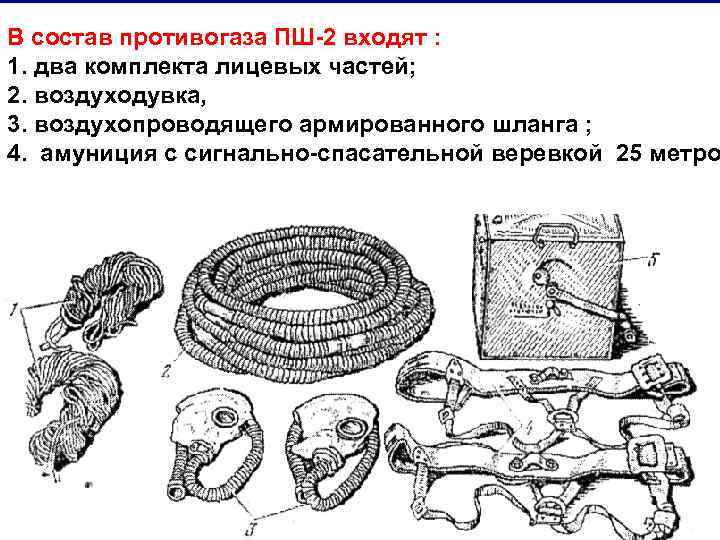В состав противогаза ПШ-2 входят : 1. два комплекта лицевых частей; 2. воздуходувка, 3.