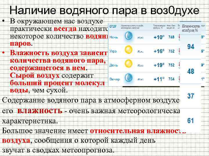 Наличие водяного пара в воз 0 духе • В окружающем нас воздухе практически всегда