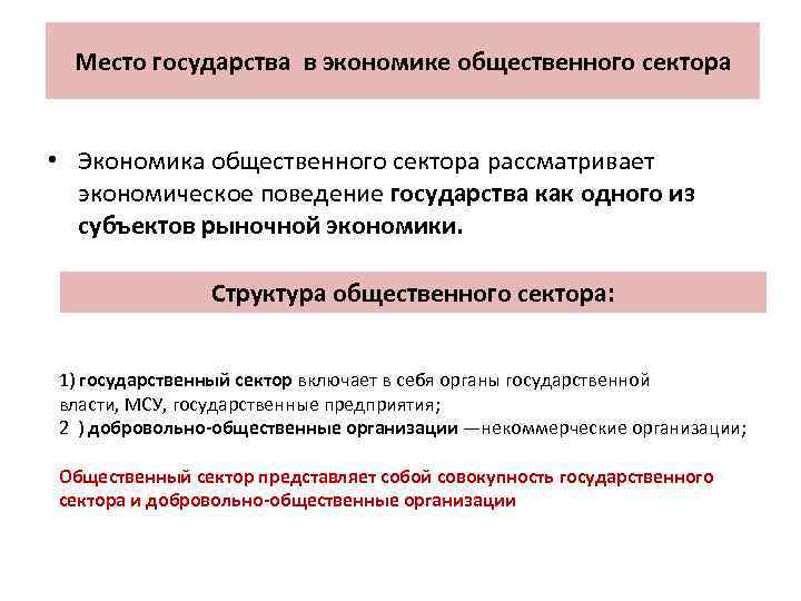 Место государства в экономике общественного сектора • Экономика общественного сектора рассматривает экономическое поведение государства