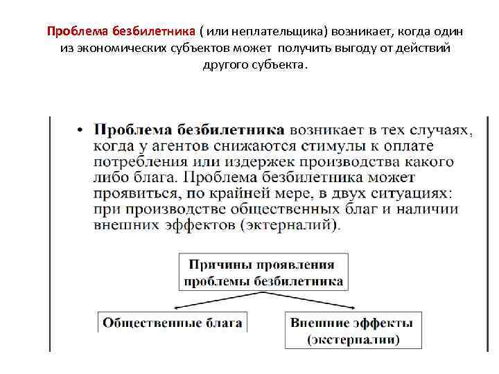 Проблема безбилетника ( или неплательщика) возникает, когда один из экономических субъектов может получить выгоду