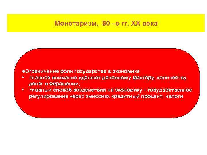 Монетаризм, 80 –е гг. XX века ●Ограничение роли государства в экономике • • главное