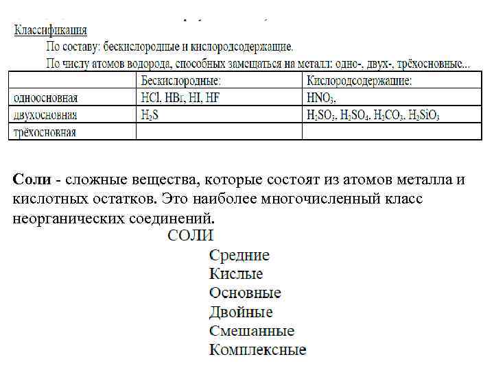 Соли - сложные вещества, которые состоят из атомов металла и кислотных остатков. Это наиболее