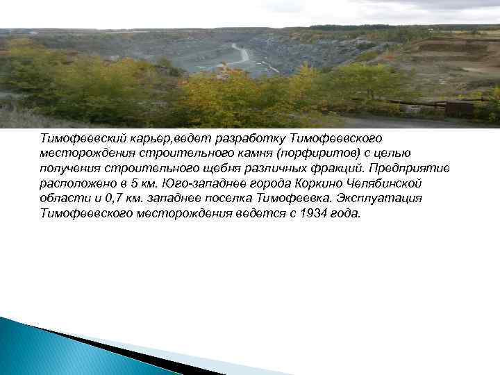 Тимофеевский карьер, ведет разработку Тимофеевского месторождения строительного камня (порфиритов) с целью получения строительного щебня