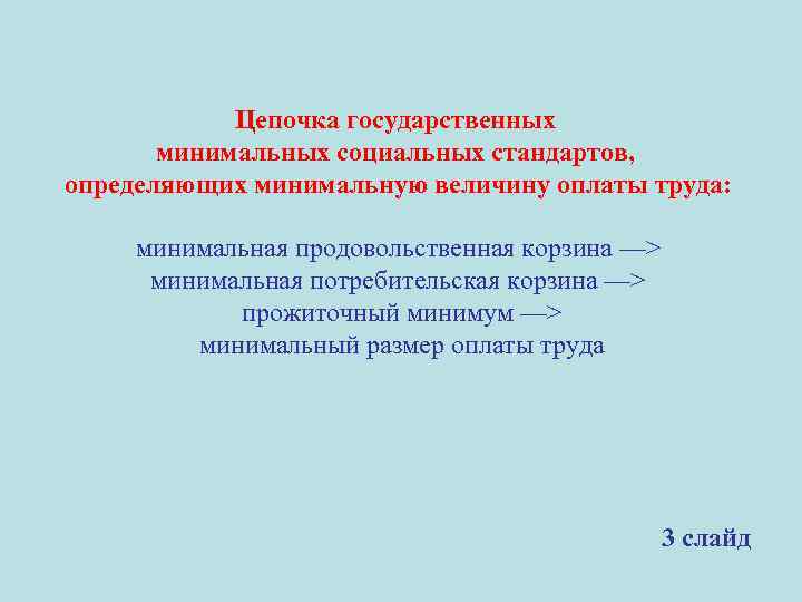 Цепочка государственных минимальных социальных стандартов, определяющих минимальную величину оплаты труда: минимальная продовольственная корзина —>