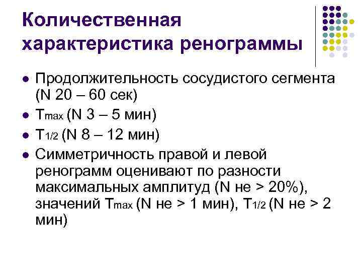 Количественная характеристика ренограммы l l Продолжительность сосудистого сегмента (N 20 – 60 сек) Tmax