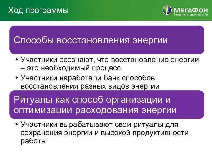 Ход программы Способы восстановления энергии • Участники осознают, что восстановление энергии – это необходимый