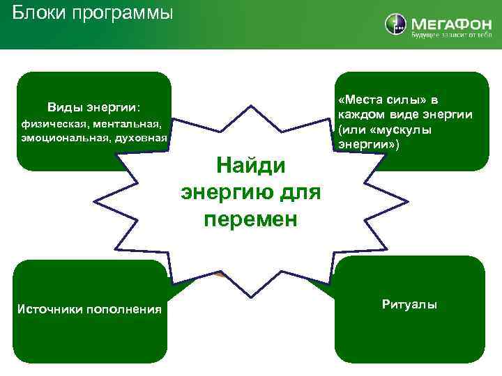 Блоки программы «Места силы» в каждом виде энергии (или «мускулы энергии» ) Виды энергии: