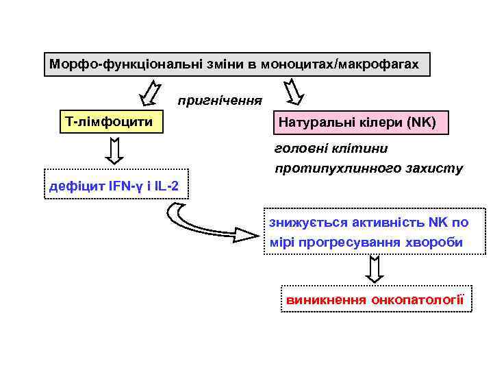 Морфо-функціональні зміни в моноцитах/макрофагах пригнічення Т-лімфоцити Натуральні кілери (NK) головні клітини протипухлинного захисту дефіцит