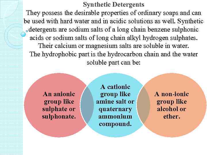 Synthetic Detergents They possess the desirable properties of ordinary soaps and can be used