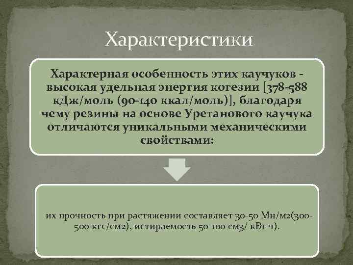  Характеристики Характерная особенность этих каучуков высокая удельная энергия когезии [378 -588 к. Дж/моль