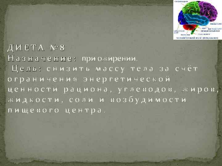 ДИЕТА № 8 Н а з н а ч е н и е :