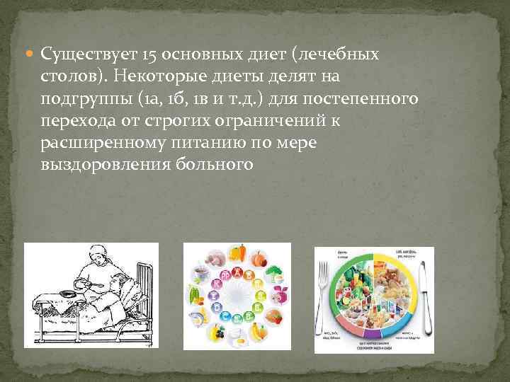  Существует 15 основных диет (лечебных столов). Некоторые диеты делят на подгруппы (1 а,