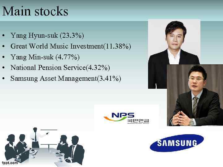 Main stocks • • • Yang Hyun-suk (23. 3%) Great World Music Investment(11. 38%)