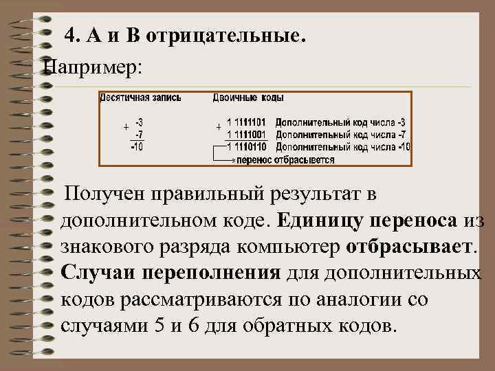 4. А и В отрицательные. Например: Получен правильный результат в дополнительном коде. Единицу переноса
