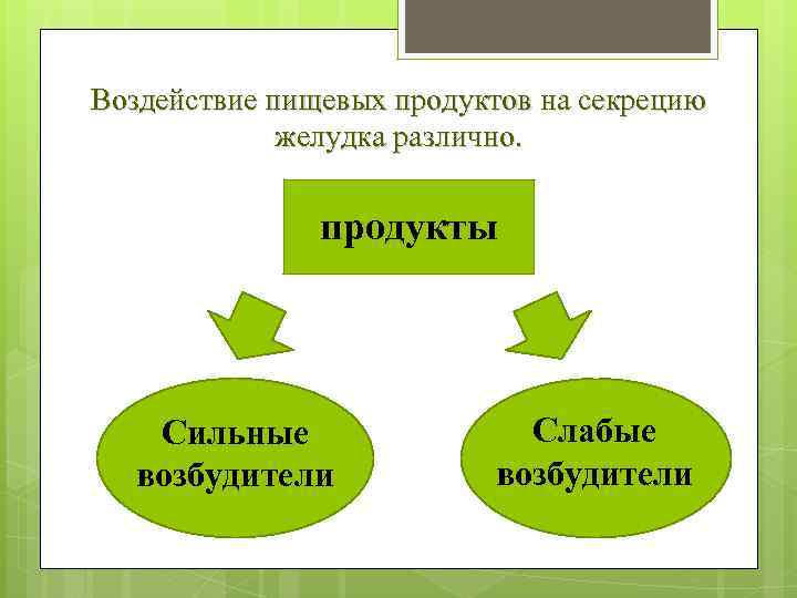 Воздействие пищевых продуктов на секрецию желудка различно. продукты Сильные возбудители Слабые возбудители 