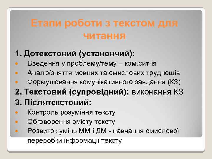 Етапи роботи з текстом для читання 1. Дотекстовий (установчий): Введення у проблему/тему – ком.