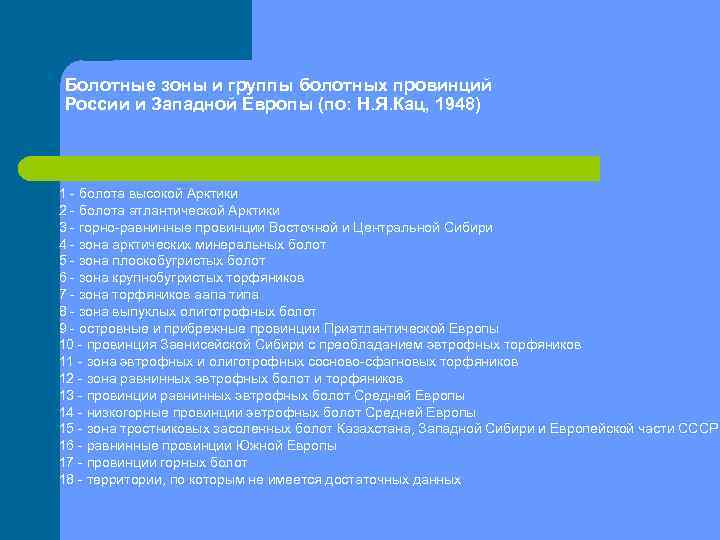Болотные зоны и группы болотных провинций России и Западной Европы (по: Н. Я. Кац,